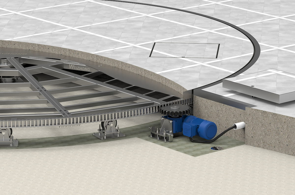 Patented Pin-Gear drive system for heavy duty car turntables