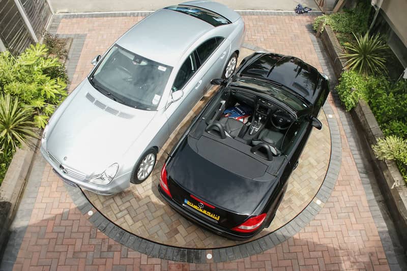 Brick surface driveway rotating platform for home garage